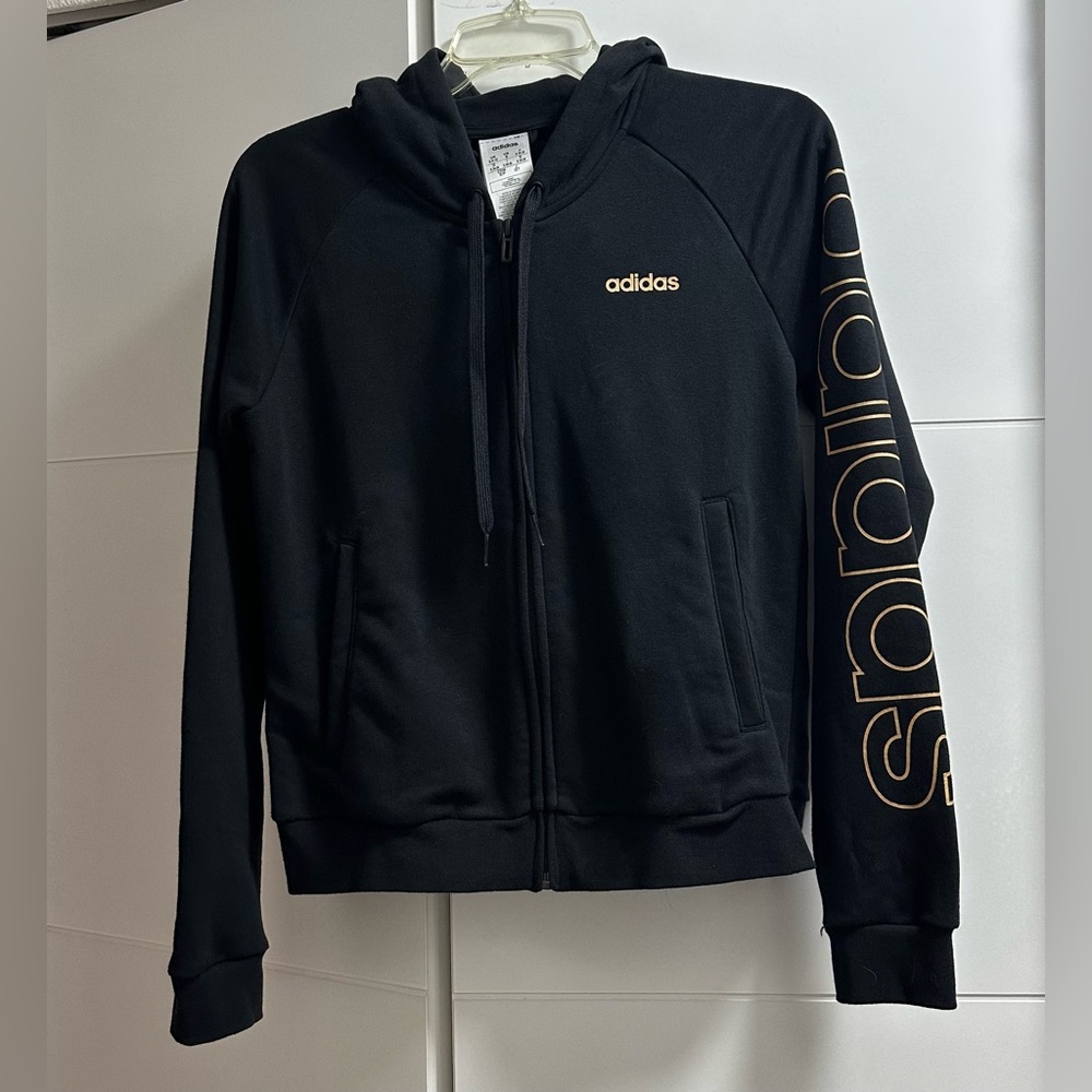 Adidas Black and Gold Logo Full Zip Hoodie Sweatshirt New With Tags